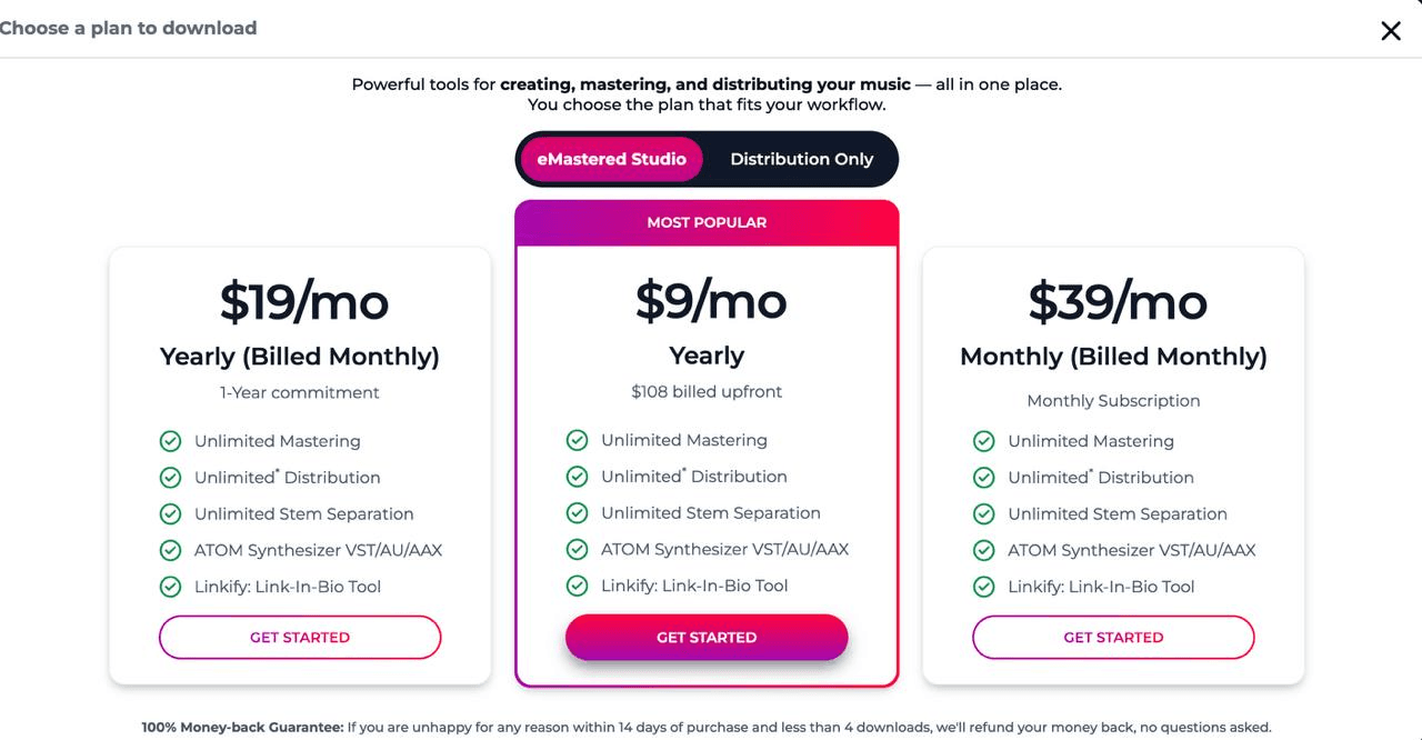 eMastered’s “Choose a plan to download” modal listing Studio at $39 a month, $108 a year upfront, or $19 a month on a 12 month commitment.